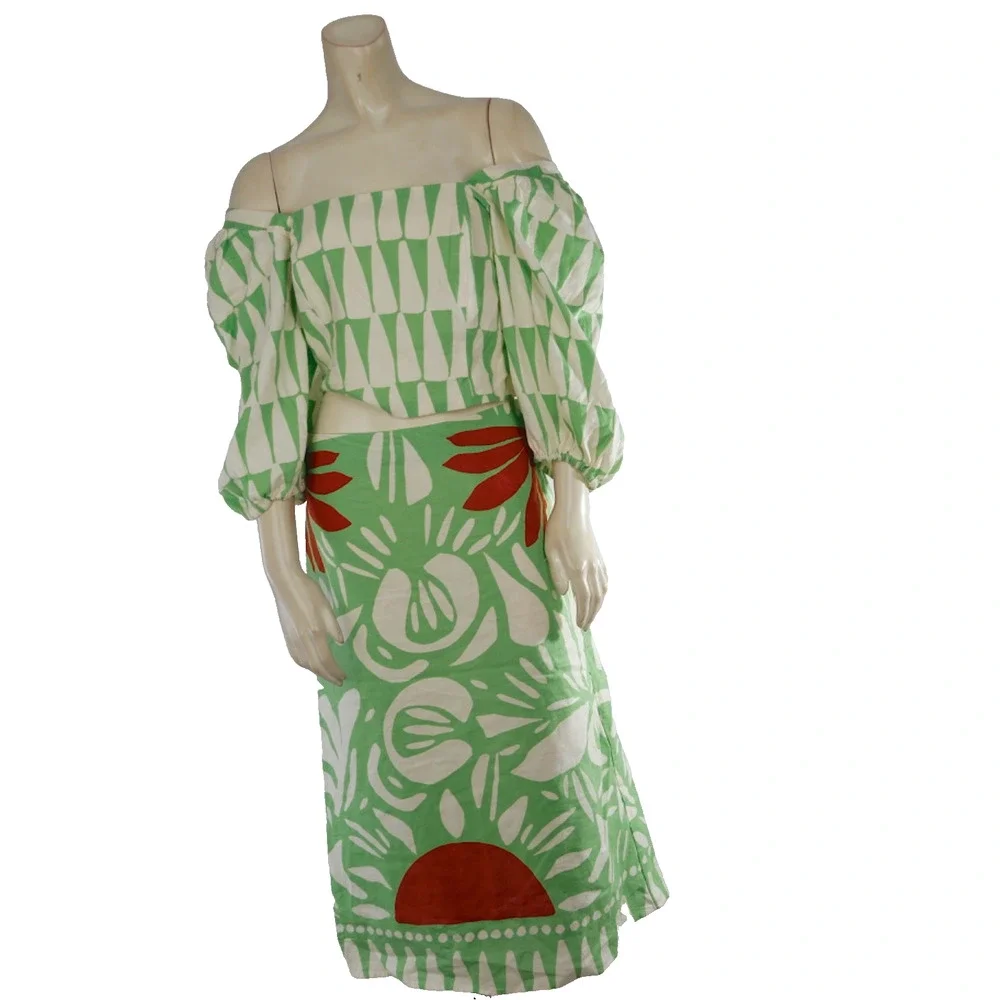Maison D'Amelie 2pc Matching Set Green Abstract Print Crop Top & Midi Skirt Sz S